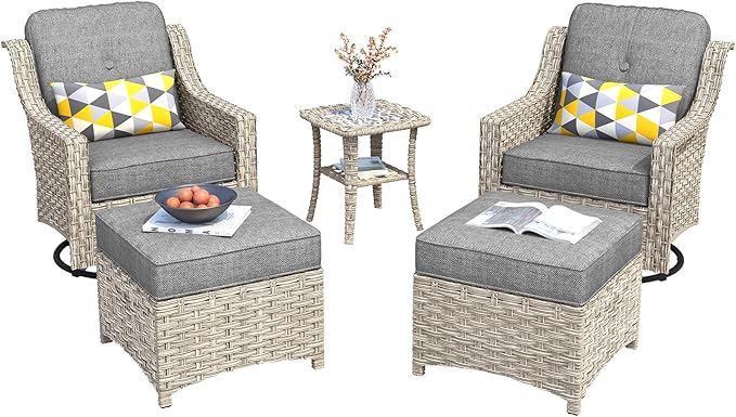 HOOOWOOO Patio Furniture Set,5 Pieces Wicker Outdoor Furniture,High Back Conversation Set with All Weather Resistant Swivel Chairs with Ottoman Side Table,Dark Gray