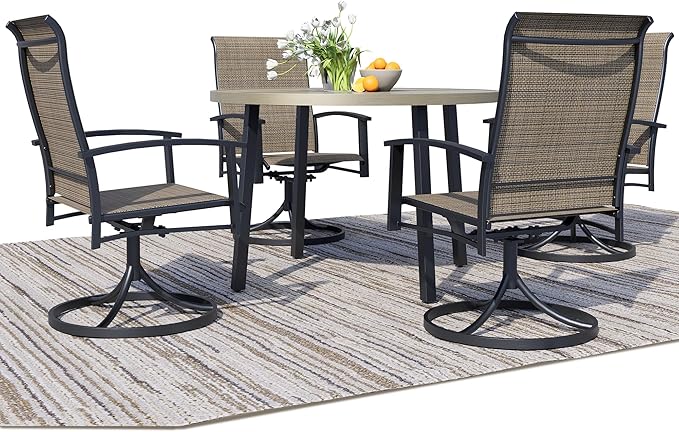 5 Piece Outdoor Patio Dining Set for 4, 42" Honey Oak Round Metal Table with 4 Mocha Swivel Chairs, All-Weather Outdoor Furniture Set for Backyard, Lawn, Deck, or Poolside