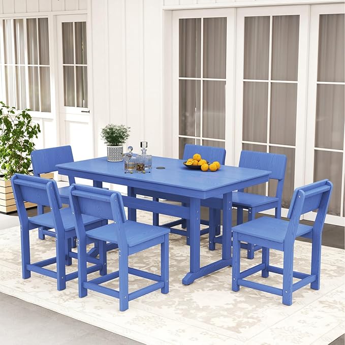 7-Piece HDPE Outdoor Patio Dining Set,Modern Plastic Dining Sets,Patio Table and Chairs Set with Umbrella Hole Cut-Out Table and 6 Chairs Navy