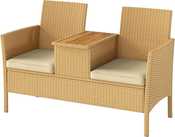Chair with Center Table, Patio Loveseat for Garden Porch, Chairs with Coffee Table, Patio 2-Seat Chair,Outdoor Patio Loveseat Modern Patio Conversation Set & Built-in Coffee Table Porch Furniture