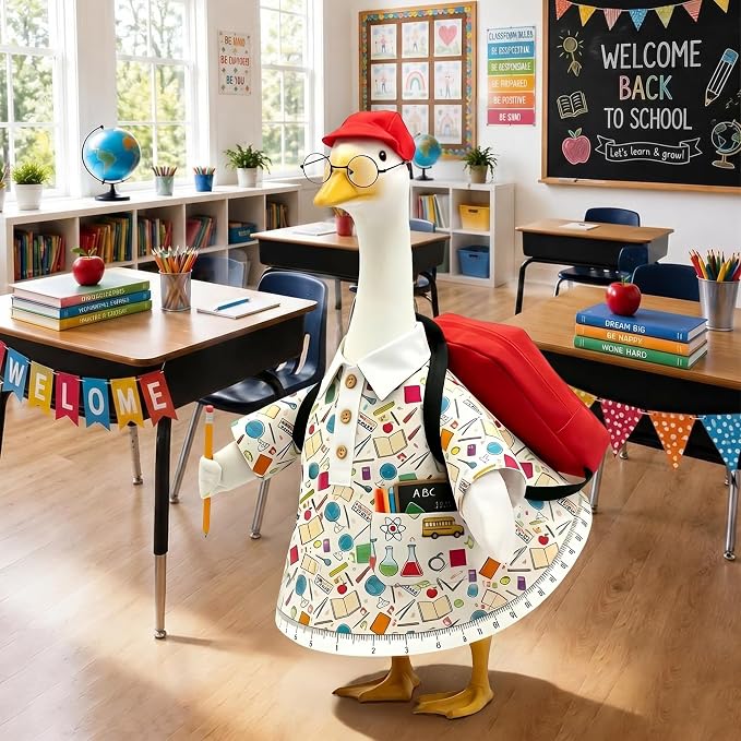 Back to School Porch Goose Outfit, Cute Porch Goose Clothes Costume with Backpack Hat Pencil Accessories, Lawn Goose Decor for Yard Garden Outdoor Porch Decoration
