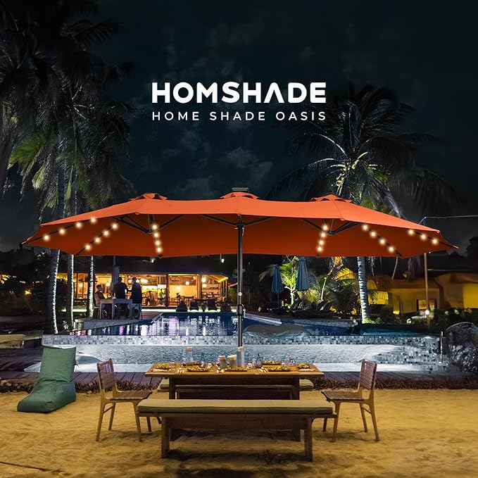 HOMSHADE Double Sided Patio Umbrellas - 13ft Solar Lights LED Lighted Outdoor Extra Large Market Table Umbrella with Base Included, Oversized Umbrella for Deck, Pool, Backyard