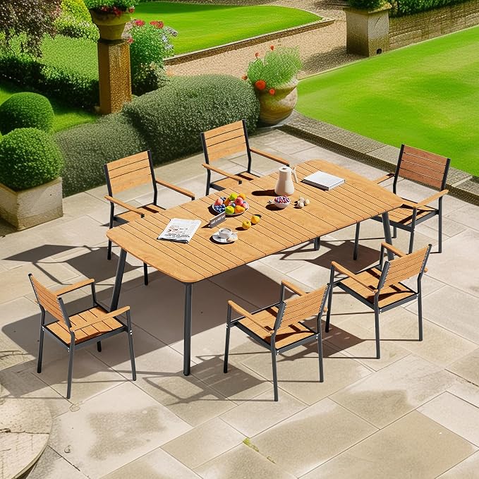 70" Outdoor Dining Table for 6, Brown Patio Table | 1.6" Umbrella Hole Rectangle Table with Aluminum Frame and Waterproof Wood Grain Tabletop for Lawn Backyard Garden Poolside