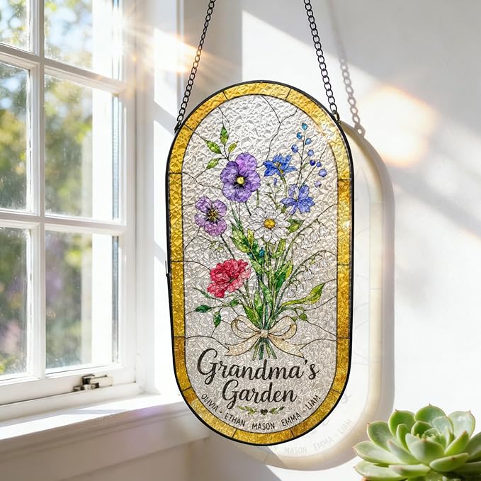 Personalized Mother’s Day Suncatcher Oval – Custom Birth Flower Suncatcher for Mom Grandma – Stained Glass Style Personalized Gift with Kids Names for Mom Nana Grandma