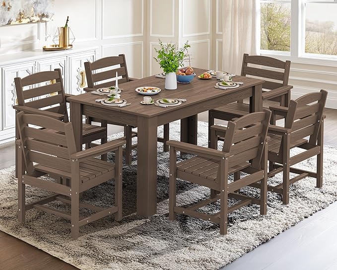 SERWALL Patio Dining Sets for 8, Outdoor Dining Sets for 8 Person with 2 Umbrella Hole Cut-Out Rectangular Tables and 8 Chairs, HDPE Dining Sets for Garden, Backyard, Poolside, Coffee