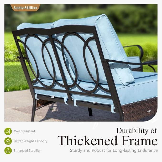 Sophia & William Patio Furniture Set with 56" Fire Pit Table, Metal Outdoor Conversation Set Patio Sectional with 3-Seater Sofas, 2 Rocking Chairs, 2 Ottomans, 1 Firepit Table for Porch Deck, Blue