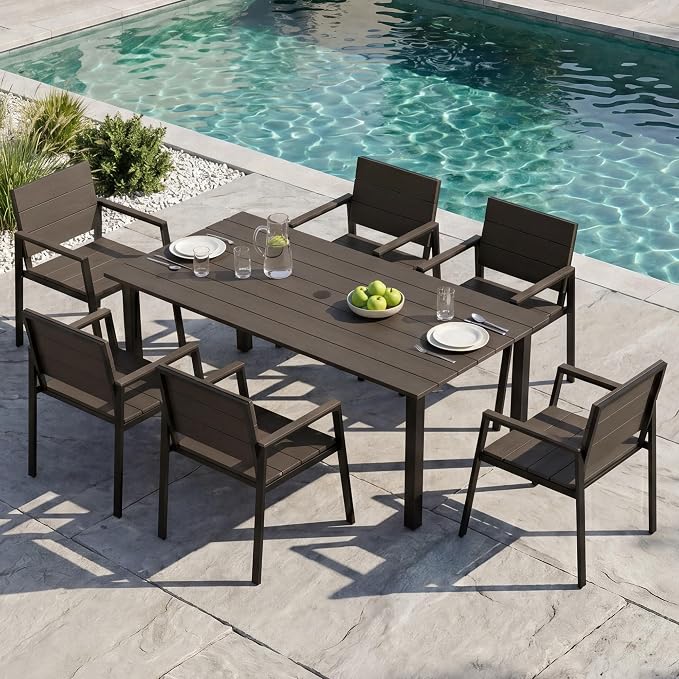 Outdoor Table and Chairs for 6 Aluminum Patio Dining Set with Umbrella Hole | All Weather,HDPS Material,Oversized,7 Piece,for Backyard,Rot-Fade-Crack Proof,Maintenance-Free,Sturdy,Heavy-Duty,Yellow