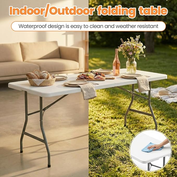 8 FT Plastic White Folding Table Set with 10 White Folding Chairs for Picnic, Event, Game, Camping, at Home and Commercial Use
