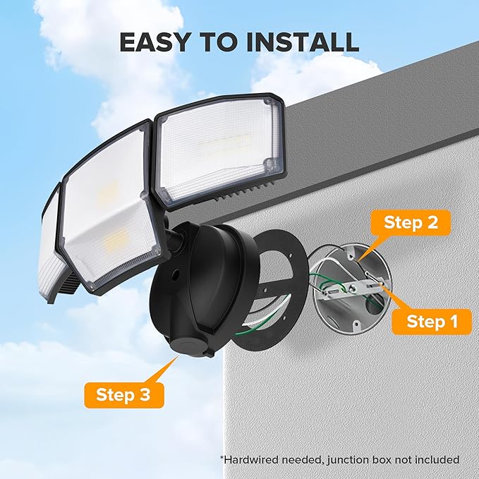 LUTEC 80W 9000LM Flood Lights Outdoor, Hardwired Switch Controlled LED Security Lights with 4 Heads, IP65 Waterproof, 5000K Daylight for Garage, Yard, Patio (Black)