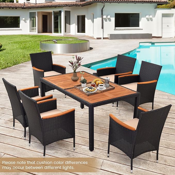 Tangkula 7 PCS Outdoor Dining Set, Patio Conversation Set with Acacia Wood Tabletop, Umbrella Hole, Removable Seat Cushions, Wicker Dining Table & Chair Set for Garden Yard Poolside