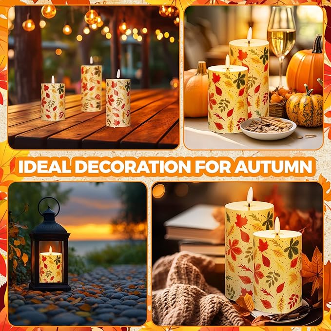 Tuanse 3 Pcs Thanksgiving Fall Flameless Candles Maple Leaf LED Candle Lights Battery Operated Candles Mixed Size Flickering LED Light for Fall Thanksgiving Halloween Harvest(Colorful Maple Leaves)