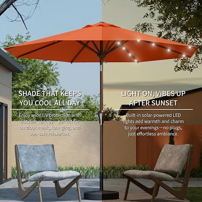 9FT Solar Umbrella 32 LED Lighted Patio Umbrella Table Market Umbrella w/Tilt and Crank, UV-Resistant Outdoor Umbrella for Pool, Garden, Deck, Terracotta