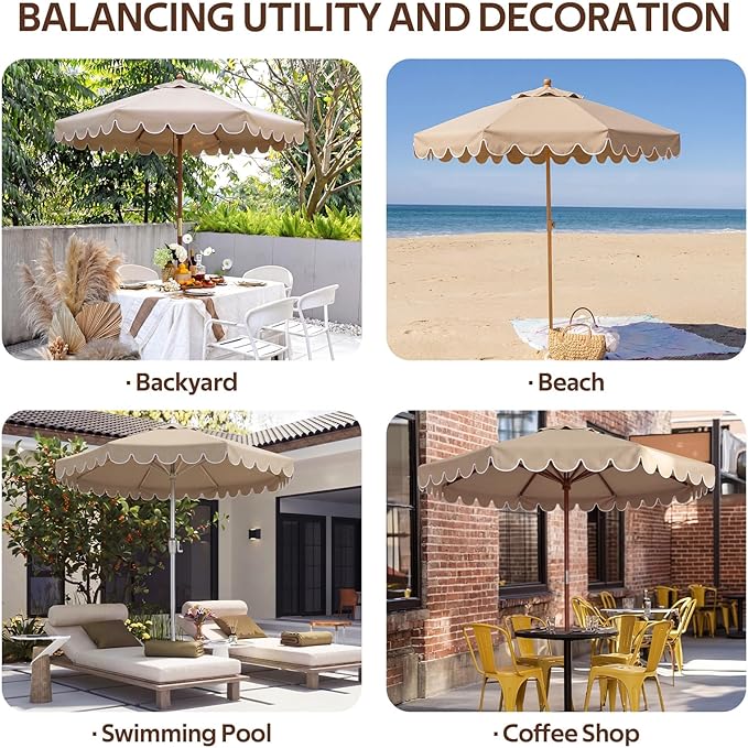 Scalloped Patio Umbrella Replacement Canopy Outdoor Boho Midcentury Market Umbrella Top Cover UV Protection for Patio Beach, Canopy Only