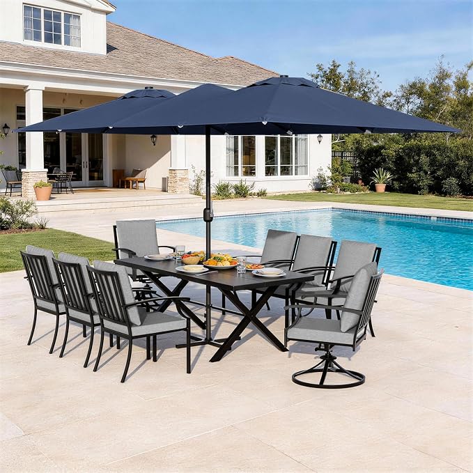 Patio Dining Set for 10 with 13.6ft Double-Sided Patio Umbrella,Outdoor Dining Set of 6 Metal Chairs and 2 Swivel Chairs with Umbrella Hole Table for Backyard,Garden,and Poolside(Grey)