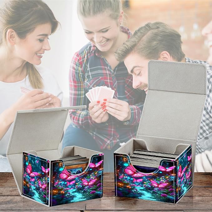 Card Deck Box for MTG, Cards Storage Box Fits 120+ Sleeved, Leather Small Size Strong Magnetic Closing Card Case for Board Games Magic TCG CCG Baseball Collection, Pink Butterfly Forest