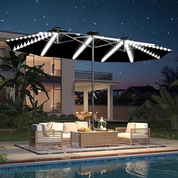 AECOJOY 15ft Patio Umbrella with Solar Lights, Double Sided Large Patio Umbrella with Crank Handle and 156 PCS LED Lights, Outdoor Rectangular Market Umbrella for Backyard Deck Pool in Black(1.9" Pole)