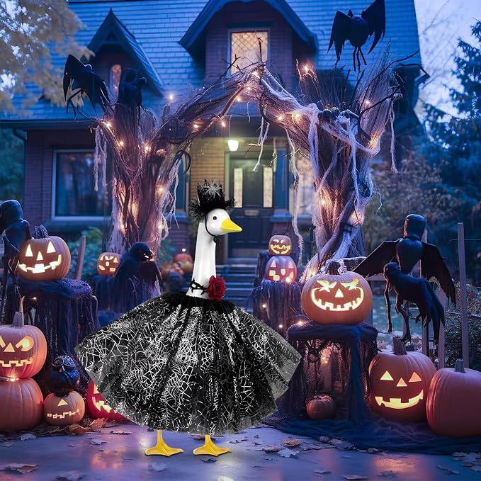 alloween Porch Goose Outfits and Goose Clothes Fits 17-23 In Statue | Black Tutu Skirt Goose Costume with Rose Necklace for Outdoor Patio Yard Lawn Party Decoration