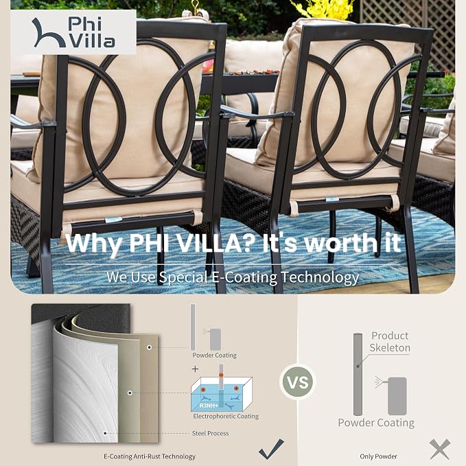 PHI VILLA 9 PCS Outdoor Dining Sets, 57.5” All-Weather Patio Table and Chairs Set for 8, Heavy Duty Patio Table Set Square for Deck, 8 Extra Large Outdoor Stationary Dining Chairs with Thick Cushions