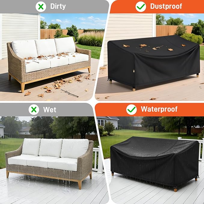 Arcedo Outdoor Sofa Cover Waterproof, Patio 3-Seater Couch Covers for Patio Bench, Loveseat Outdoor Furniture, 85" W x 37" D x 35" H, Black