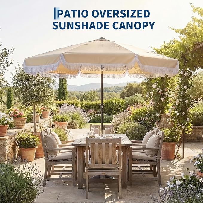 PeakPursuit 9 ft Patio Umbrella with Fringe, Tassel Outdoor Beach Umbrella for Sand with Push Button Tilt, 8 Fiberglass Ribs, UV 50+ Sun Protection for Garden, Pool, Backyard, Deck