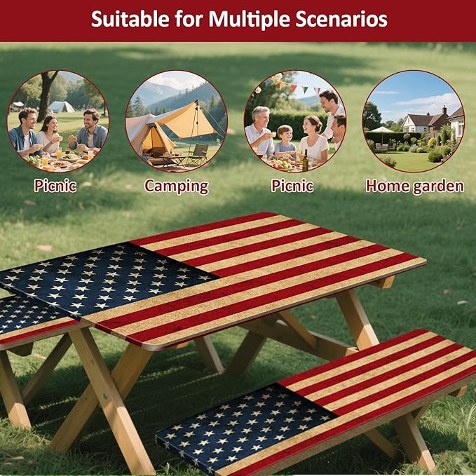 KENOBEE Picnic Table Cover with Bench Covers 6FT 3PCS, Camping Essentials Waterproof Windproof Tablecloth with Drawstring Bag, Fitted Rectangle Tables and Seats, 72", US Flag