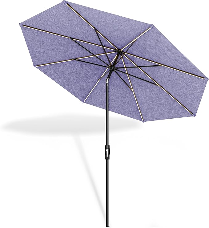 Midtown Umbrellas The LED Swilt 8 Feet Patio Umbrella With Terylast Purple Texture Polyester Fabric - Auto-Tilt Aluminum Frame With LED Lights For Backyard, Deck, Garden, Pool - Black Pole