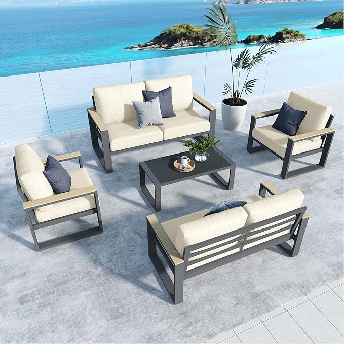 RoyalCraft Aluminum Patio Furniture, 6-Seats Metal Outdoor Furniture Set with Coffee Table, Modern Patio Sofa Sets Outdoor Conversation Set for Pool Garden Porch Backyard, Beige