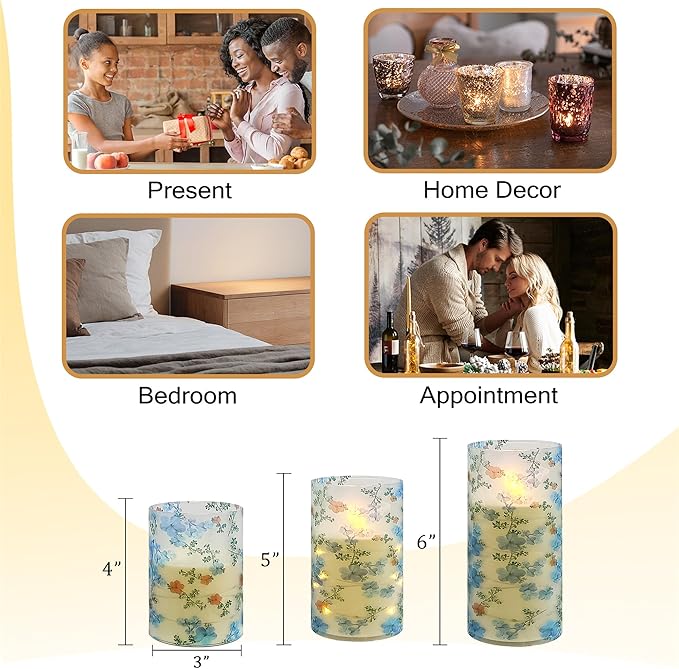 Printed Flameless Candles with String Lights - Set of 3 Battery Operated Candle Flickering Floral LED Pillar Candles with Timer Remote for Home Decor Romantic Ambiance,LT