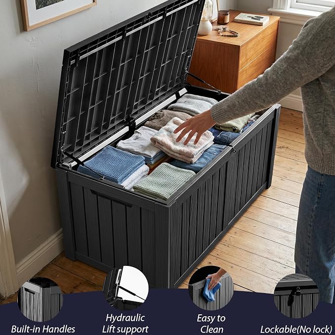 150 Gallon Large Waterproof Deck Box with Hydraulic Support Lid, Lockable UV Resistant Resin Patio Storage Bench for Garden Tools, Pool Accessories, Outdoor Cushions, Indoor & Outdoor Use