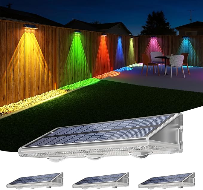 YiLaie Solar Fence Lights Outdoor - Warm White & RGB 6 Color, Solar Lights Outdoor IP67 Waterproof, Garden Lights for Outside/Backyard/Railing/Step/Patio/Wall (4 Pack)