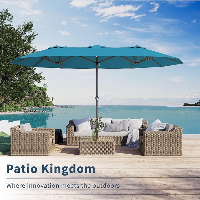 PatioKingdom 15FT Large Patio Umbrella with Base, Double Sided Rectangular Outdoor Umbrella with Sturdy Fiberglass Ribs, Market Umbrella for Pool,Garden,Backyard,Deck (Lake Blue, 15FT)
