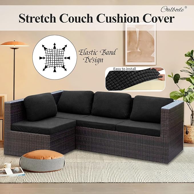 CALBODE 14Pcs Outdoor Stretch Cushion Covers,Waterproof Outdoor Chair Cushion Covers for Patio Furniture, Washable Jacquard Couch Covers Replacement for Patio Furniture(Black, Cover Only)