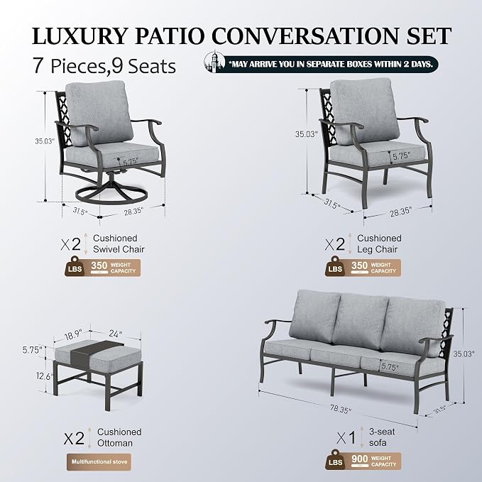 HERA'S HOUSE 7 Piece Beige Patio Furniture Set, with Swivel Chair, Ottoman, Table, Outdoor Sofa,Patio Couch, All Weather Outdoor Conversation Sets for Lawn Garden Backyard