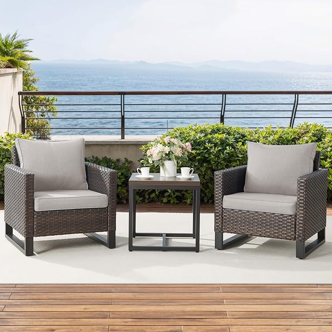 Rilyson Wicker Outdoor Patio Chairs Set - 3 Piece Rattan Patio Furniture Bistro Chairs Set with Waterproof Wicker,Comfortable Cushions and Sturdy Metal Frame for Porch Deck Backyard(Brown/Beige)