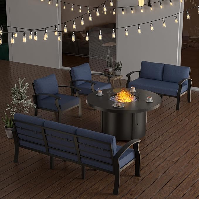 ALAULM Aluminum Patio Furniture Set with Round Propane Fire Pit Table 7-seat Metal Outdoor Furniture w/5.1" Cushions Patio Sectional Sofas for Porch, Lawn, Poolside(DarkBlue