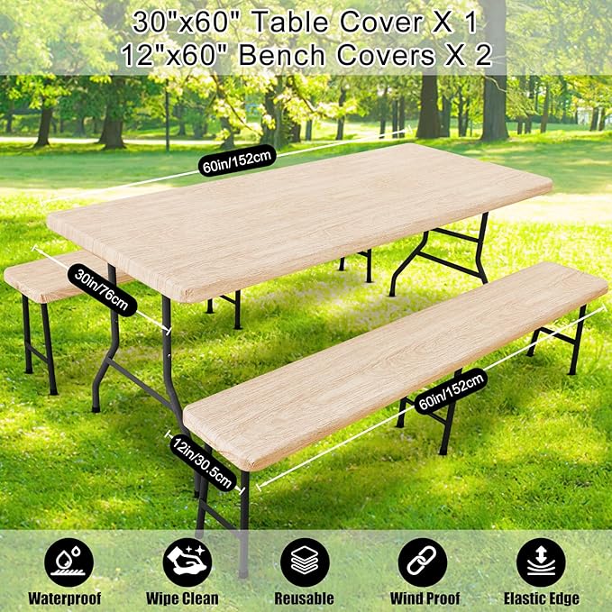 Smiry Picnic Table Cover with Bench Covers, Waterproof Elastic Fitted Tablecloth for 5 Foot Tables, Washable Polyester Tablecloths for Camping, Indoor & Outdoor (Ivory, 30x60 Inch 3-pc Set)