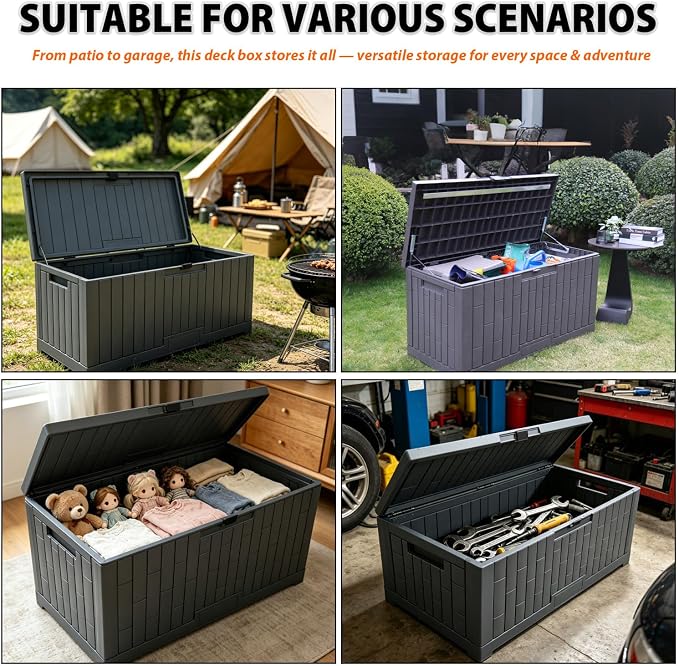 Outdoor Storage Box, Weatherproof Resin Deck Bin with Heavy-Duty Lid, High Load Capacity, Perfect for Patio Furniture, Garden Equipment, and Pool Accessories 804C