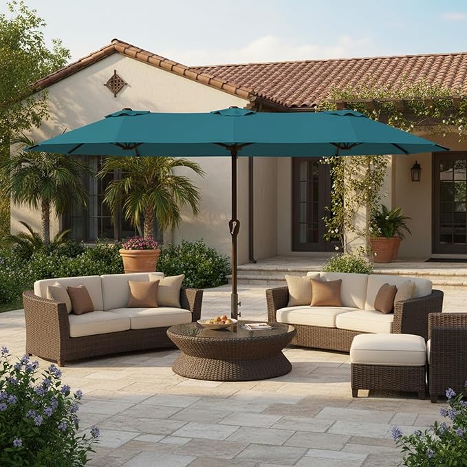 15FT Large Patio Umbrella with Base, Double Sided Rectangular Outdoor Umbrella with Sturdy Fiberglass Ribs, UPF 50+ Sun Protection, Wind-Resistant, Waterproof Fade-Resistant Fabric for Pool, Garden, Backyard, Deck(Lake Blue)