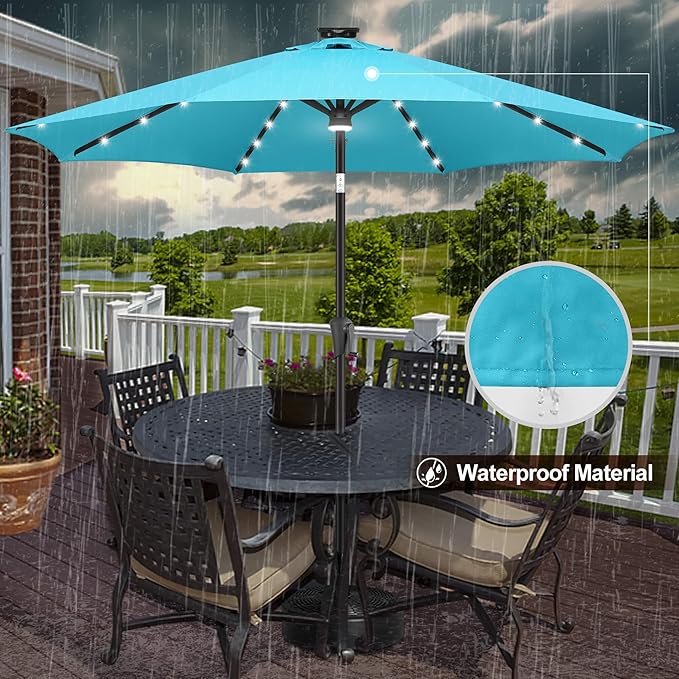 FLAME&SHADE 9 ft Patio Umbrella with Solar Lights, 40 LED Lighted Table Outdoor Umbrella for Deck, Pool, Porch, Backyard, Market, Garden, 8 Sturdy Ribs, UV Protection, Aqua Blue