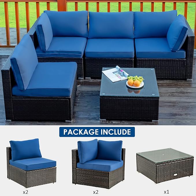 COSTWAY 5-Piece Outdoor Patio Furniture Set, PE Rattan Sofa Chairs with Cushions and Tempered Glass Coffee Table, Conversation Sofa Set for Backyard Garden (Navy)