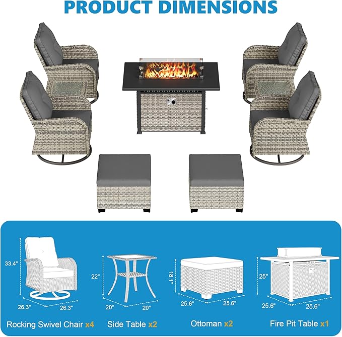 9-Piece Small Patio Furniture Set, Outdoor Swivel Rocking Chairs Set with 55,000 BTU Fire Pit Table Wicker Chairs and Ottomans, Patio Bistro Set for Balcony, Deck, Porch, Grey