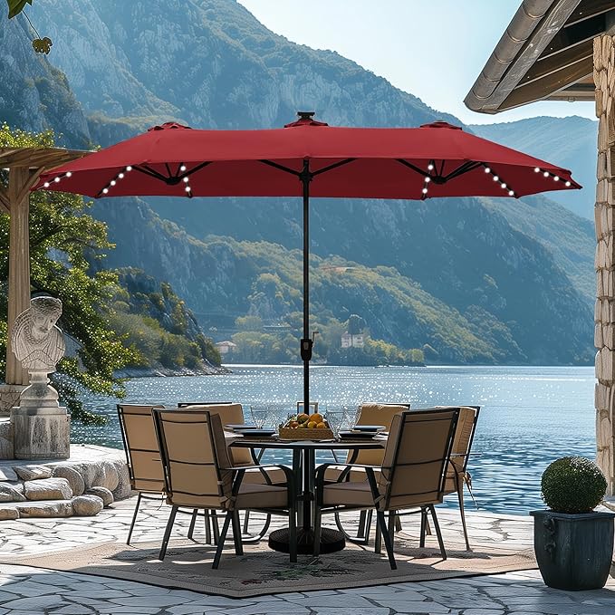 HERA'S PALACE 13ft Patio Umbrella with 120 LED Solar Lights Double Sided Outdoor Umbrella for Patio 8 Colors Changing Table Umbrella Outdoor Patio for Garden Pool