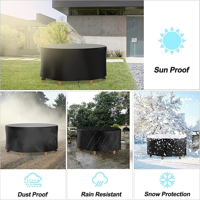 Round Patio Table Cover Waterproof, 96.4" Diax27.9" H Heavy Duty Oxford Fabric Outdoor Patio Furniture Cover Patio Table Chair Set Covers for Garden Round Table Dining Set, Black