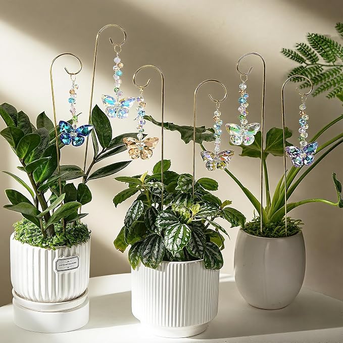 6 Pcs Colorful Butterfly Crystal Suncatcher Garden Plant Stake Plant Stake | Crystal Butterfly Garden Stakes Plant Suncatcher with Golden Trellis Indoor Outdoor Garden Sun Catchers Decor