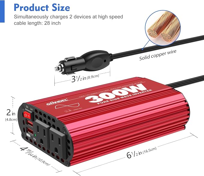 300Watt Pure Sine Wave Power Inverter DC 12volt to AC 120volt Car Converter Adapter with Dual USB Ports for Smartphones Laptops Tablets