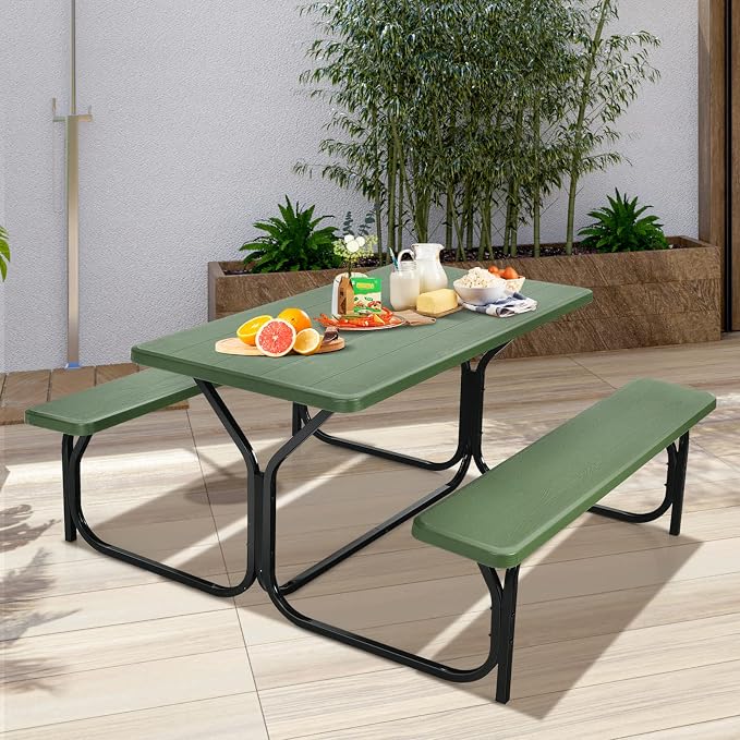 ORALNER Picnic Table, Resin Dining Table & 2 Benches Set, Weather Resistant Wood Grain Plastic Tabletop & Steel Frame, Picnic Tables for Outdoors, Porch Yard Patio Lawn Party Camping (Green)