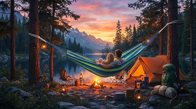 Canvas Hammock 122" Long X 59" Wide 2 Person Hammock 440 pounds Maximum Weight Applicable Scenes in Courtyard Autumn, Indoor Hanging Chairs, Beach Leisure (Blue Green, Full)