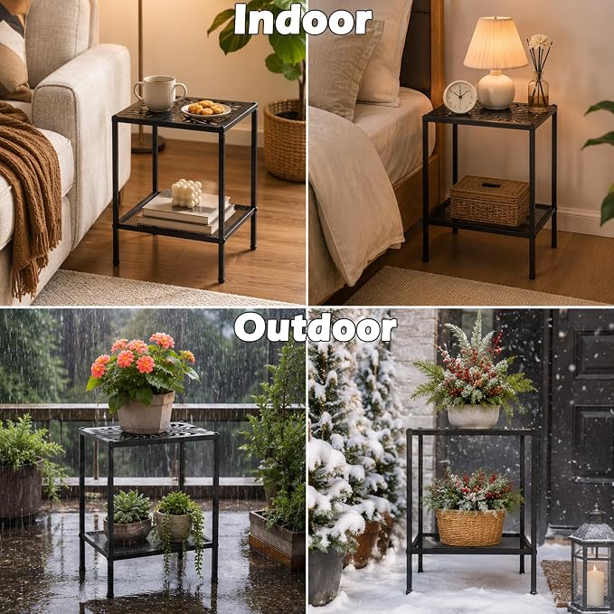 2-Tier Metal Side Table Rectangle Small End Table with Storage Shelf Laser-Cut Leaf Pattern Accent Table Indoor Outdoor Small Space Coffee Table for Living Room, Bedroom, Patio, Plant Stand, Black