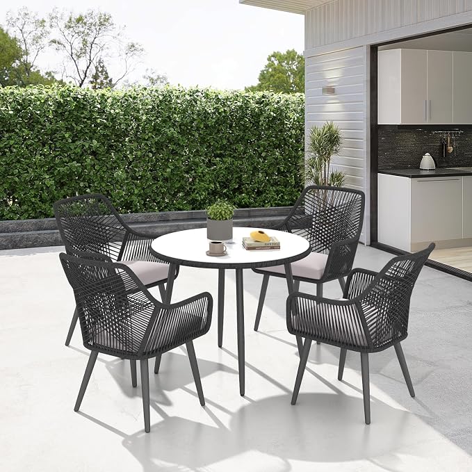 Patiorama 5-Piece Patio Dining Set, Outdoor Dining Table Chair Set, All-Weather Twisted Rattan Wicker Rope Conversation Set,Patio Furniture Set w/Umbrella Hole,Cushioned Chairs&Table(Black&Cross Back)