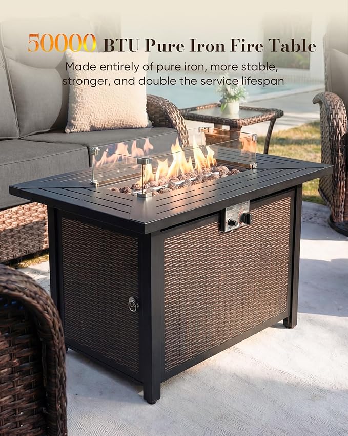 Belord Upgraded 6“ Cushion Luxury 5 Piece Patio Furniture Set with Fire Pit Table - Outdoor Furniture Set with High Back Swivel Rocker Patio Chairs, Conversation Set for Deck Porch Yard - Brown/Grey